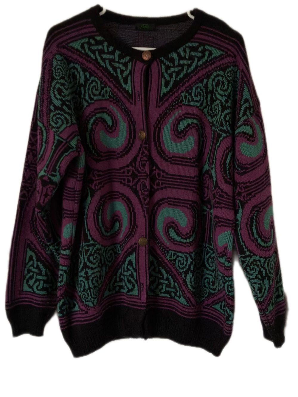 Vintage 90s Glen Tara Ireland Celtic Swirl Cardigan Sweater Purple Green Large